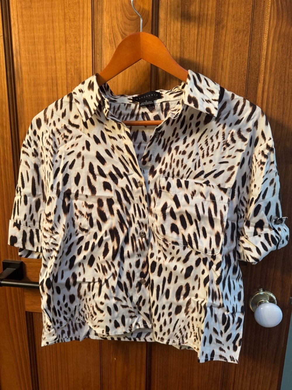 Lightweight Animal-Print Button Front Top - White/Brown